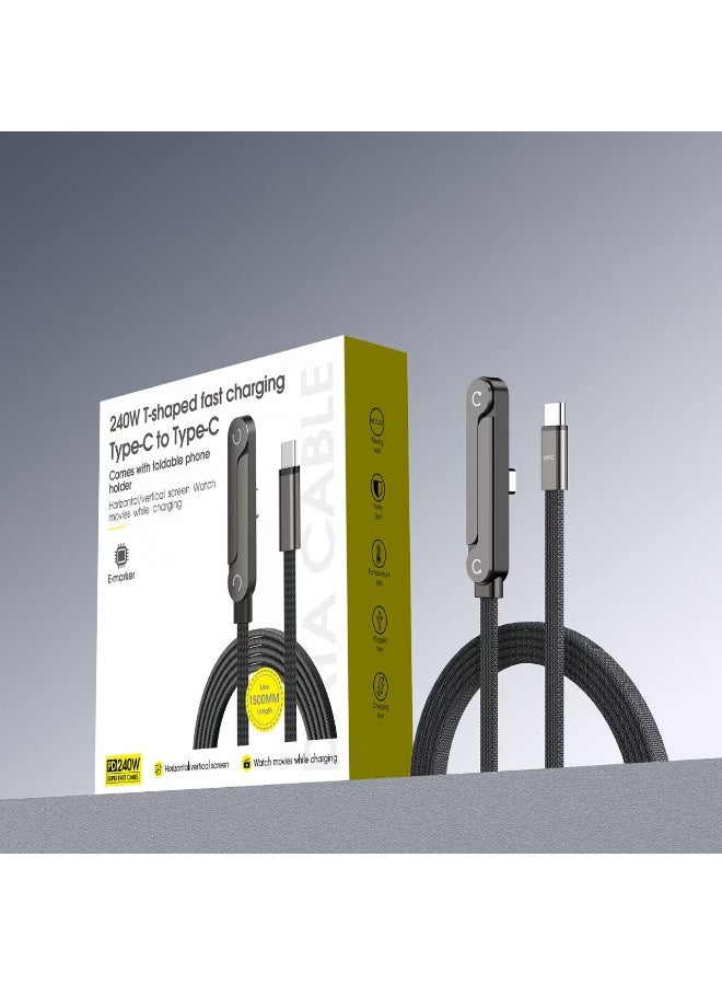 لوييناو كابل شحن سريع 240 واط PD مع حامل مدمج، كابل شحن USB C بزاوية قائمة، حامل غير مرئي للعبة، متوافق مع آيفون وسامسونج (أسود) - Image 5